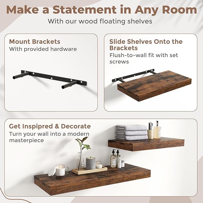 36 Inch Floating Shelves for Wall 2 Pack, 12"D Wood Grain Bathroom Shelves with Invisible Brackets, Easy Install Engineered Wood Storage Shelves for Kitchen, Living Room, Bedroom, Rustic Brown Finish