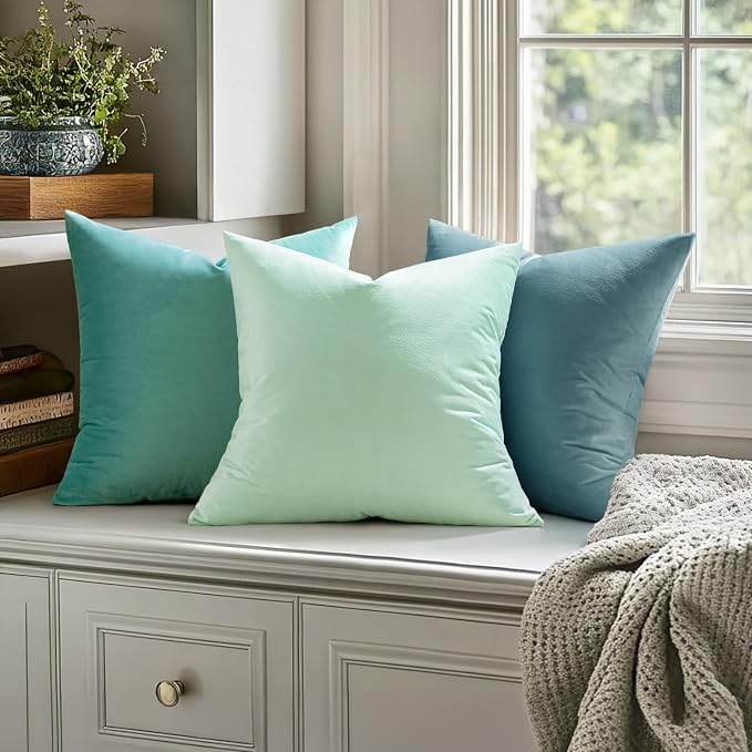 MIULEE 24x24 Inch Euro Sham Velvet Pillow Covers, Set of 2 Large Square Decorative Pillows -Aqua Green Super Soft for King Bed, Sofa, Couch, Accent Chairs with Hidden Zipper