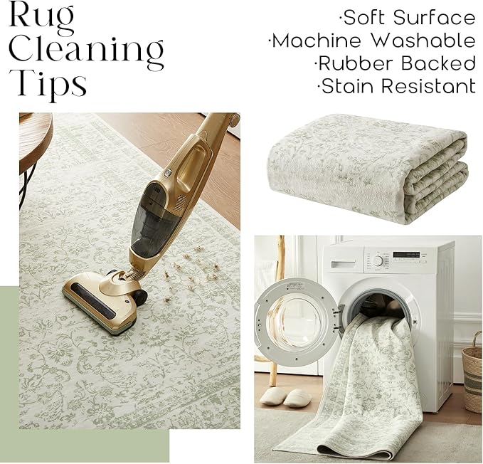 Sage Green Area Rugs 9x12 Living Room No Slip Stain Resistant Large Area Rug for Bedroom Low Pile Soft Boho Distressed Style Light Green Rug 9 x 12 Washable Carpet for Dining Room Playroom