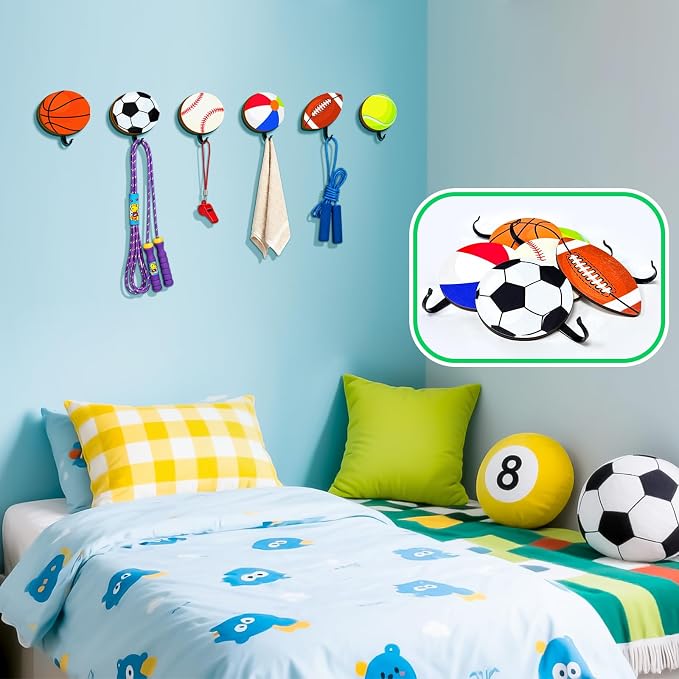 THEYGE Sports Coat Hooks for Boys Kids Bedroom Decor Basketball Baseball Football Soccer Wall Mount Decor Rack Hooks Wooden Towel Hook Key Backpack Mounted Hanger Clothes Hanging Hook Sports