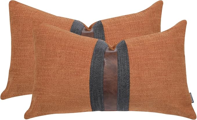 Set of 2 Leather Throw Pillow Covers Lumbar Cotton Linen Decor Patchwork Pillow Cover Faux Leather Pillows Cover for Couch Sofa Living Room Bedroom,Orange 12"x20"