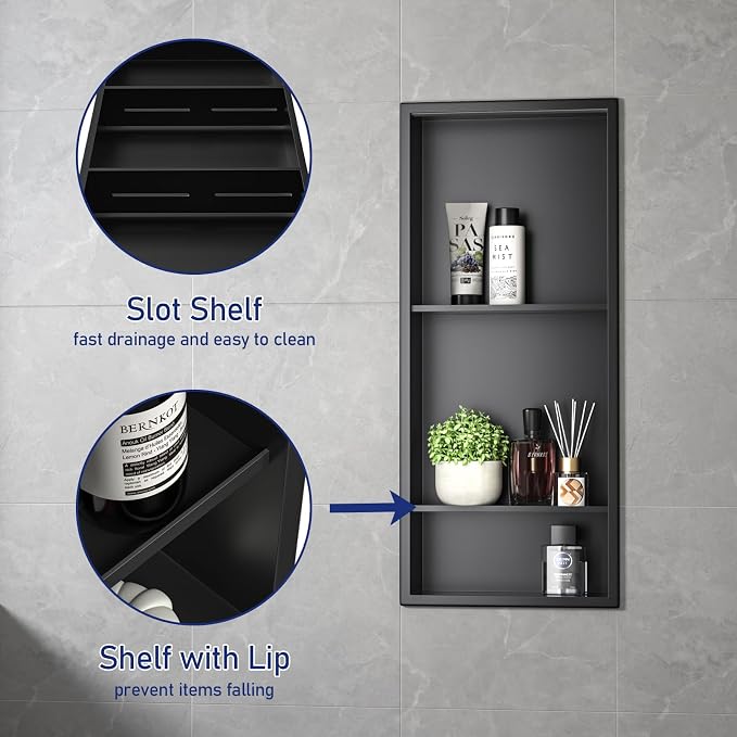Stainless Steel Shower Niche 30" X 12" Matte Black No Tile Needed Wall Vertical Niche Three-Tier Shelves Recessed Shower Shelf for Bathroom Storage Over Mount Installation