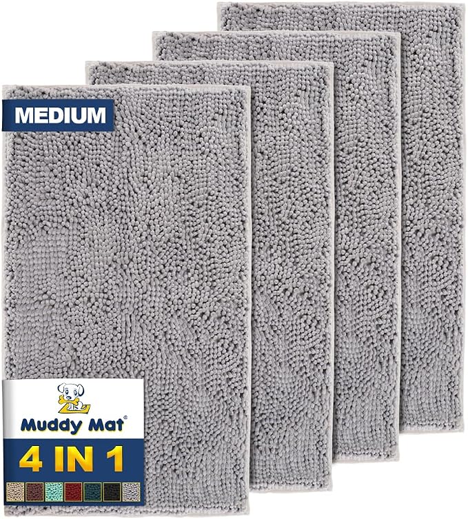 Muddy Mat® 4-Piece Grey Medium 30"X19" AS-SEEN-ON-TV Highly Absorbent Microfiber Door Mat, Bath Mat and Pet Rug, Non Slip Thick Washable, Soft Chenille for Kitchen Bathroom Bedroom Indoor and Outdoor