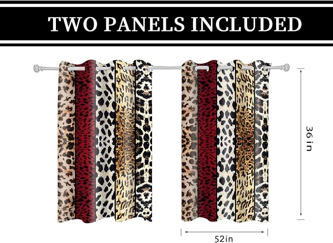 Wild Animal Print Curtain, Room Darkening Thermal Insulated Blackout Leopard Boa Window Drapes with Grommets for Living, Dining, Bedroom, Red Leopard Print, 52"x 36", 2 Panels