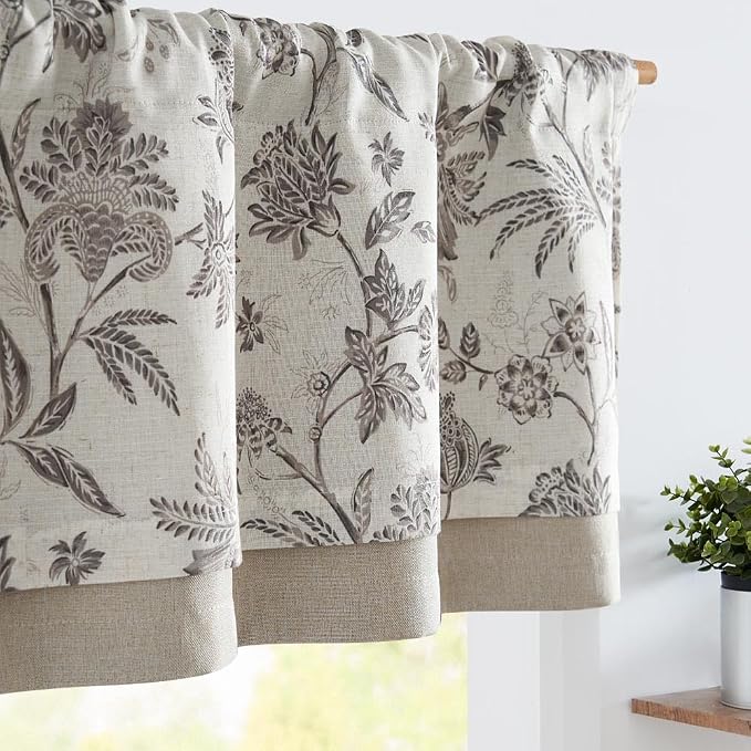 jinchan Floral Valance Curtain Linen Kitchen Valance for Windows 16 Inch Farmhouse Light Filtering Gray Floral Short Window Treatment for Living Room 1 Panel Rod Pocket Double Layer Grey on Beige