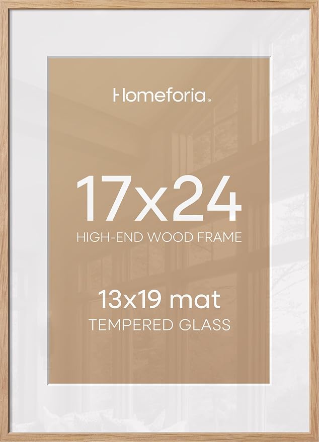 Homeforia 17x24 Picture Frame Natural Wood, High End Oak 17x24 Light Wooden Poster Frame with Mat 13x19, 17 x 24 Frames Matted to 13 x 19 Photo, 24x17 Hanging Frame, Tempered Glass, Wall Kit, Set of 1