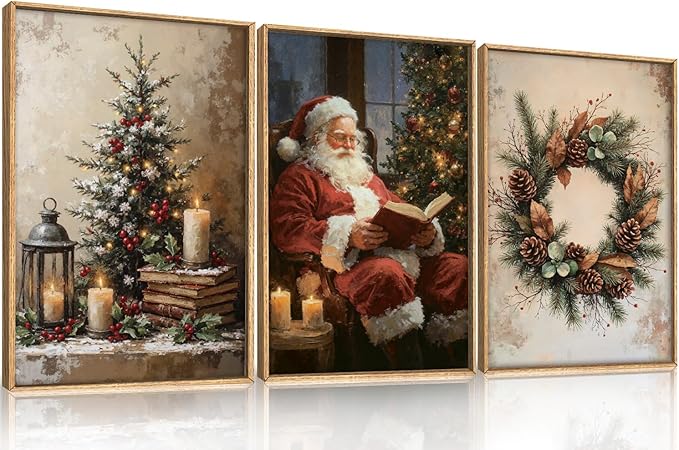 HOURIA Vintage Christmas Tree Santa Claus Framed Canvas Wall Art Set,Rustic Pinecone Wreath Berries Wall Decor,Retro Winter Cozy Night Candle Light Artwork for Living Room,Xmas 24 x36 x3