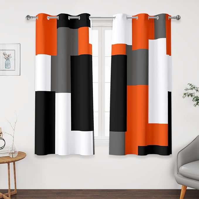 Tyrot Orange 100% Blackout Curtains 45 inch Length 2 Panels Set White Grey Modern Abstract Geometric Drapes for Kitchen Black Out Curtains Insulated Room Darkening Small Window Curtains, 42Wx45L