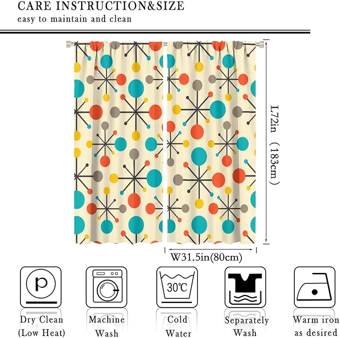 JESTRONRY Mid Century Curtains,Mid Century Fifties Modern Retro Colors Pattern Blackout Rod Pocket Window Drapes for Living Room Bedroom Kitchen Bathroom Home Decor 63x72in