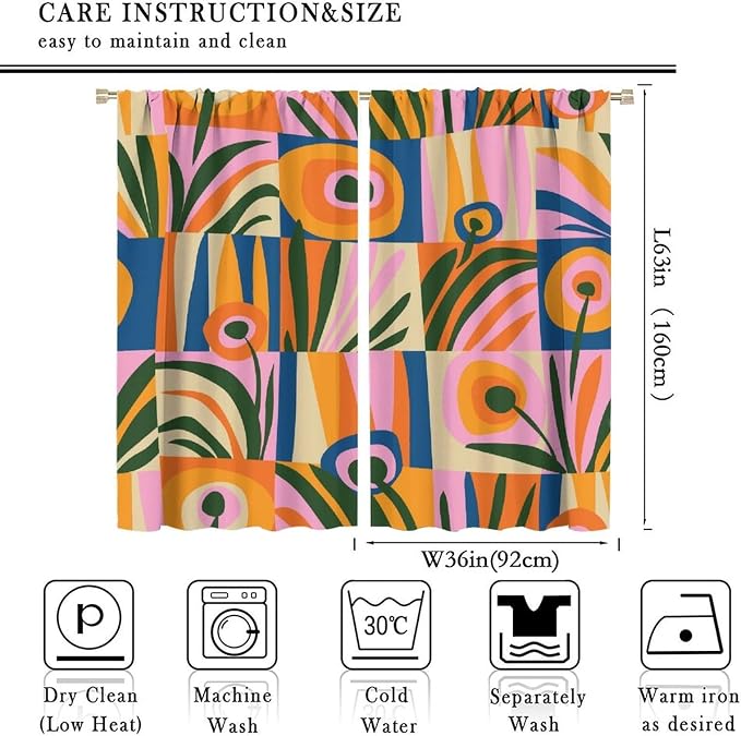 JESTRONRY Mid Century Boho Curtains, Modern Abstract Cute Retro Floral Vintage Checkered Flower Print Blackout Window Door Curtains for Bedroom Living Room Home Decor 72x63in