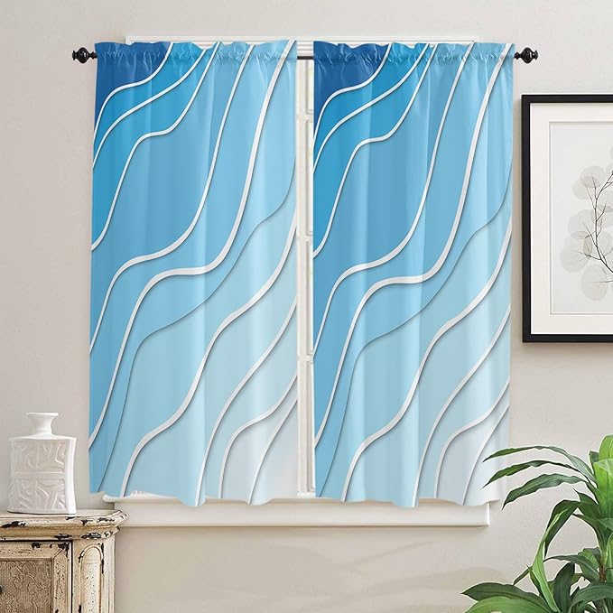 63 Inch Long Tier Curtains for Kitchen, Blue Ombre Abstract Sea Water Bathroom Window Curtains Rod Pocket Short Curtains Window Treatment Tiers for Living Room Farmhouse 2 Panels