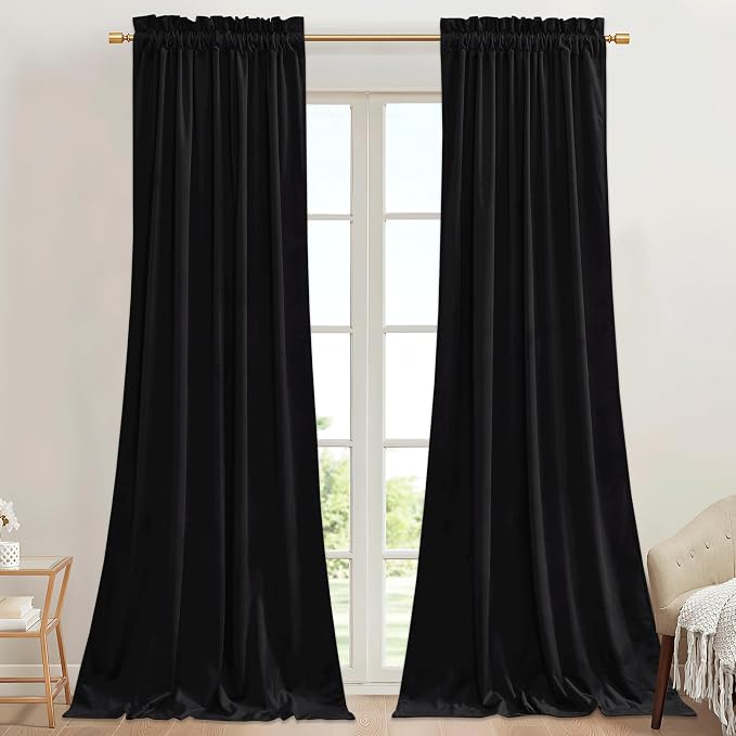 StangH Black Blackout Velvet Curtains 90 inches, Rod Pocket, 2 Panels | Thick Heavy Privacy Doorway Room Dividers, 300GSM Soft Heavy Velvet, Thermal Insulated, Noise Reducing, Bedroom, Home Office