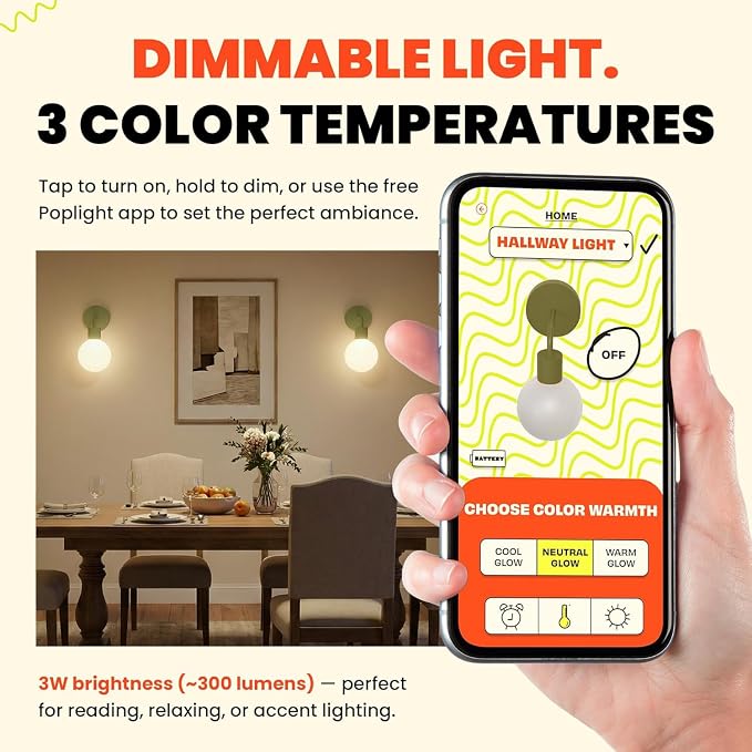 Poplight Wireless Wall Sconce (Shark Tank) Rechargeable & Dimmable LED Light w/App Control & Damage-Free Install, Moveable Modern Ambient Lighting for Elegant Home & Bedroom Decor | Sage Green