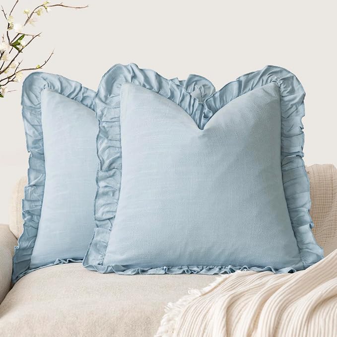 Foindtower Set of 2 Decorative Linen Fringe Ruffle Throw Pillow Covers Soft Boho Farmhouse Cushion Cover Cozy Accent Retro Pillowcase for Couch Sofa Bed Living Room Home Decor,18×18 Inch,Sky Blue