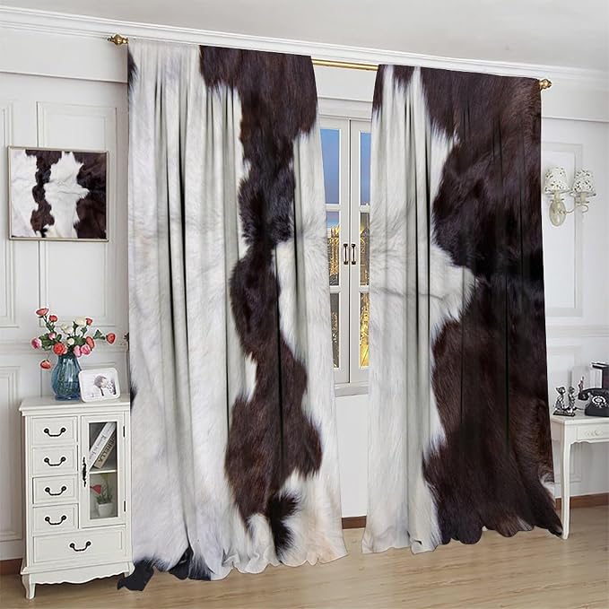 Cowhide Blackout Curtain, Retro Farmhouse Animal Spotted Black White Cow Texture Print Drapes, Window Treatments Rod Pocket 2 Panels Curtains for Dining Room Bedroom Office Cafe Decor 55"W X 63"L