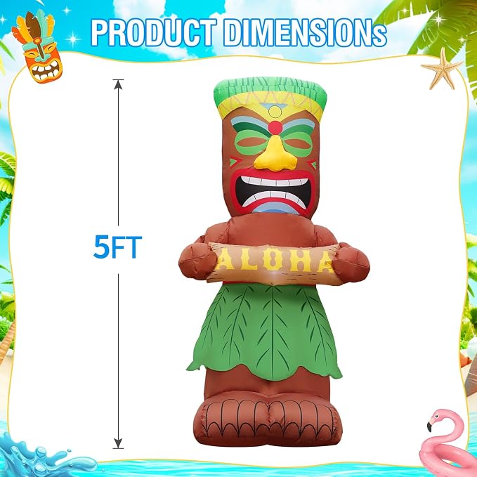 DomKom 5FT Tiki Luau Inflatables, Tiki Hold Sign Board with Aloha, Hawaiian Summer Tropical Beach Blow up Party Decor Party Giant Yard Decoration, Outdoor Built-in LED Lights Lawn Holiday Outside