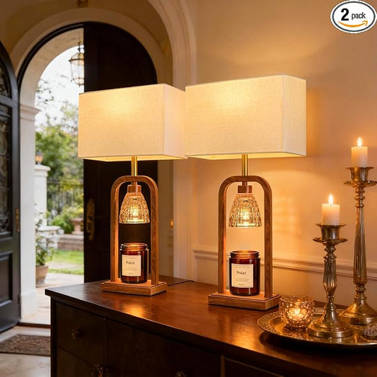 PoKat Farmhouse Table Lamps with Candle Warmer & Timer for Bedroom, Wood-Like Bedside Lamps Set of 2 for Night Stands, 21.5'' Bedroom Lamps Decor for Living Room, Corded Eletric, No Battery