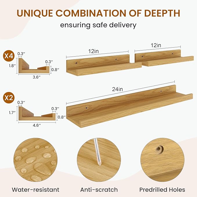 Axeman Picture Ledge Shelf, Floating Shelves for Decor Storage Set of 6, 24 inch Floating Wall Mounted Shelves, Wall Shelves with Lip for Living Room, Bedroom, Nursery, Bathroom, Kitchen, Oak