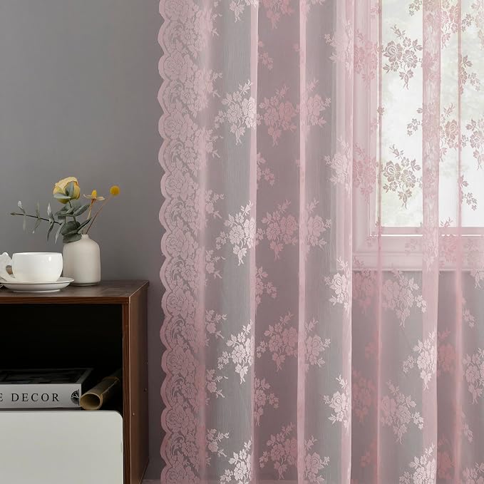 Kotile Pink Lace Curtains 63 Inch Length, 2 Panles, W42 x L63 Inch Each, Cottagecore Floral Pink Sheer Curtains for Girls Bedroom, Rod Pocket Privacy Light Filtering Vintage Lacy Curtain for Windows