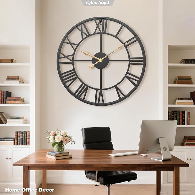 Pytha Sight 30 Inch Extra Large Giant Wall Clock,Oversized Round Silent Vintage Industrial Black Metal Farmhouse Big Roman Numeral Wall Clocks for Living Room,Kitchen,Bedroom Home Decor