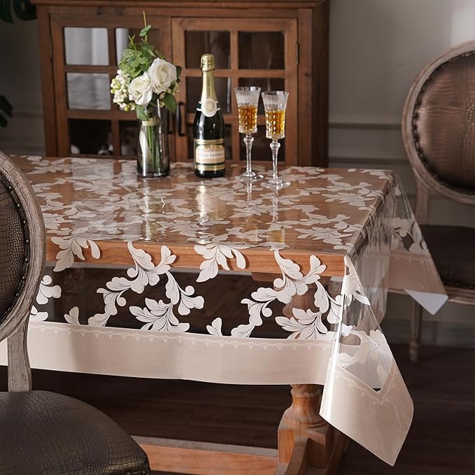 Vinyl Table Cloth Rectangle Clear Table Cover Protector with Block Printed Pattern Oil Spill Proof Farmhouse Rustic Plastic Table Covers for Dining Tables (Scroll Grass, 55 x 104 Inches)