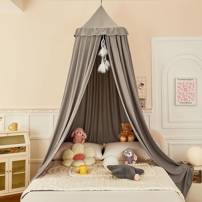 Princess Decor Canopy for Kids Bed, Soft and Durable Bed Canopy for Girls Room Tent Canopy Dreamy Mosquito Net Bedding, Children Reading Nook Canopies Indoor (Grey)