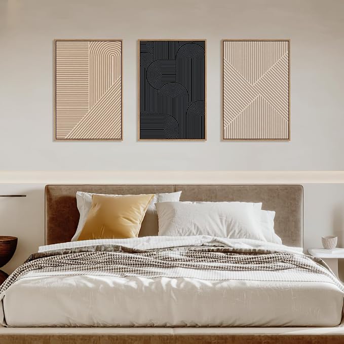 LHIUEM Large Abstract Textured Line Framed Canvas Wall Art,Boho Beige Black Wall Decor,Modern Neutral Minimalist Art Painting Painting for Living Room,Bedroom,Dining Room,Office -24"x36"x3