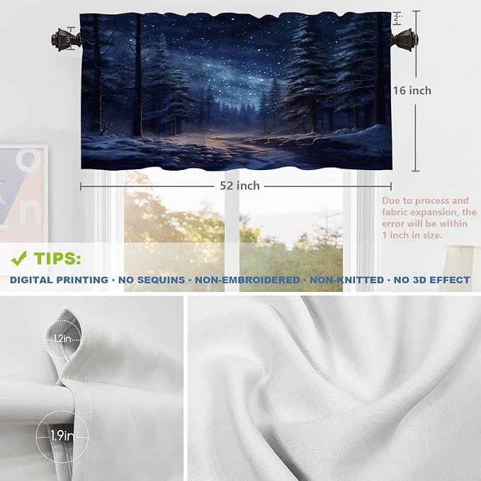 Shrahala Winter New Year Blackout Short Curtains for Windows, Stars Forests Snow Night Kitchen Valance Thermal Insulated Rod Pocket Window Treatment for Bathroom 2 Pack 52 X 16 in