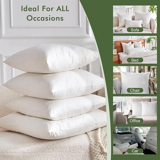 TOPGREEN Feathers Down Throw Pillow Inserts 16 x 16, Set of 2, 100% Organic Cotton Shell, Soft Decorative Square Pillows Insert for Living Room Sofa, Couch, or Bed (White)
