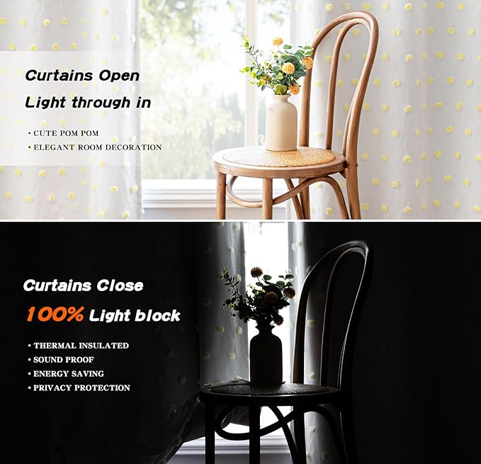 MYSKY HOME 100% Blackout Curtains for Kids Bedroom Thermal Insulated 95 Inch Length Nursery Curtains 2 Panels Grommet Light Filtering Yellow Pom Pom Sheer Drapes Double Layers Dining Room, 52W x 95L