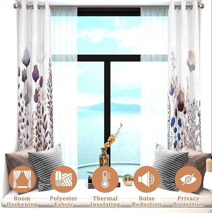 Renaiss Wild Flowers Blackout Curtains, Pastel Botanical Floral Print Thermal Insulated Bedroom Window Curtains, Nature Plants Window Drapes for Living Room, 84" L x 53" W 2 Panel Set