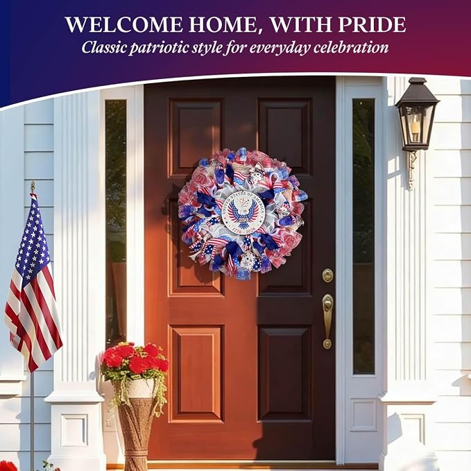 24 Inch Large Patriotic Wreaths for Front Door with Eagle Sign | Front Door Decor with Storage Bag, Veterans Day Decorations, American Wreath for Memorial Day, 4th of July, Independence Day