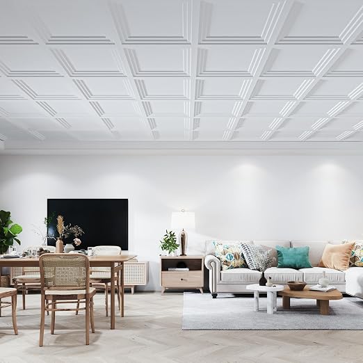 Art3d 12-Pack 24×24 Inch PVC Waterproof Drop Ceiling Tiles for Home Décor - 2x2 ft 3D Modern Ceiling Panel for Suspended Grid, White