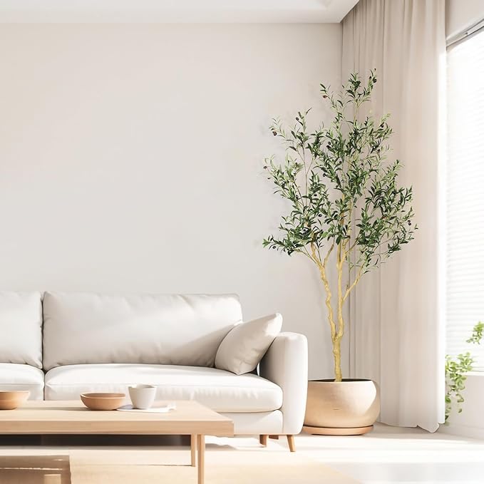 Realead Faux Olive Tree 7ft - Realistic Tall Olive Trees Artificial Indoor - Large Fake Olive Tree with Natural Wood Trunk and Lifelike Leaves - Artificial Olive Tree for Home Office Decor
