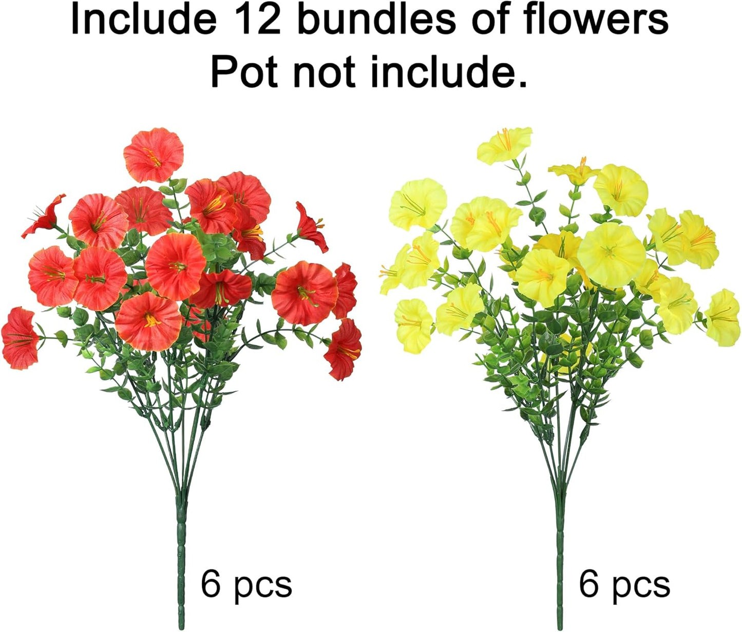 Artificial Mums for Outdoors Fake Fall Flowers Plants for Autumn Decoration, 12 Bundles Silk Morning Glory with Eucalyptus Look Real UV Resistant Faux Mums for Outside Planters Yard Patio Porch, Mix