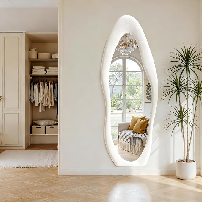Dewfig Full Length Mirror, 63" x 24"Irregular Mirror, Large Floor Length Mirrors Wall Mounted, Standing Mirrors with Flannel Wrapped Wooden Frame for Bedroom/Living Room, White