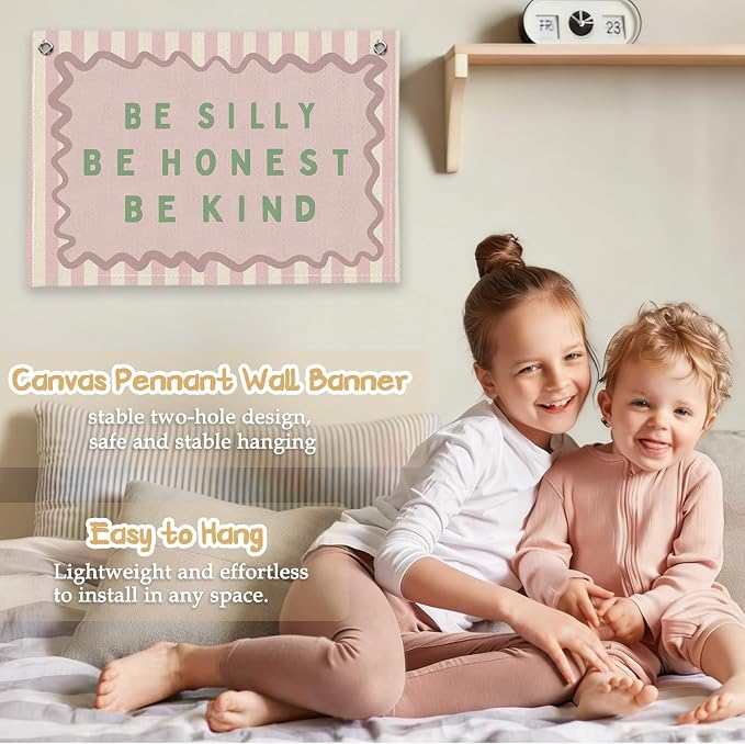 RTXLEZM Girls Room Decor, Be Silly Be Honest Kind Canvas Banner | Retro Pink Striped Inspirational Wall Art Prints for Kids Toddler Nursery Room Bedroom Playroom Decor, 20x30 Inch