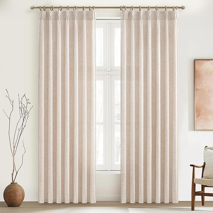 Natural Linen Blend Short Drapes 63 Inches Long 2 Panels Set for Kitchen Window Over Sink, Pinch Pleated Light Filtering Farmhouse Sheer Curtains with Hooks Rings Back Tab 40x63 Inch Flax Cafe Curtain