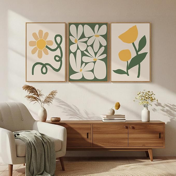 Framed Boho Abstract Wall Art Bedroom, 3 Piece Green and Yellow Mid Century Modern Canvas Artwork for Walls, Paintings Prints Botanical Floral Pictures for Living Room Dining Room Wall Decor, 16x24 In