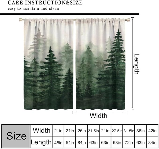 Watercolor Forest Blackout Curtains for Bedroom,Vintage Rustic Watercolor Green Misty Nature Forest Tree Tree Plant Print for Kids Boys Girls Living Room Bathroom 42x63in