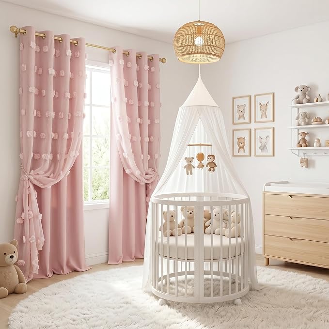 MYSKY HOME Pink Curtains for Bedroom 72 Inches Long Nursery Curtains Pom Pom Pink Sheer Curtains for Girls Room Double Layer for Toddler Bedroom Grommet Room Darkening Window Panels 52 x 72 Inch