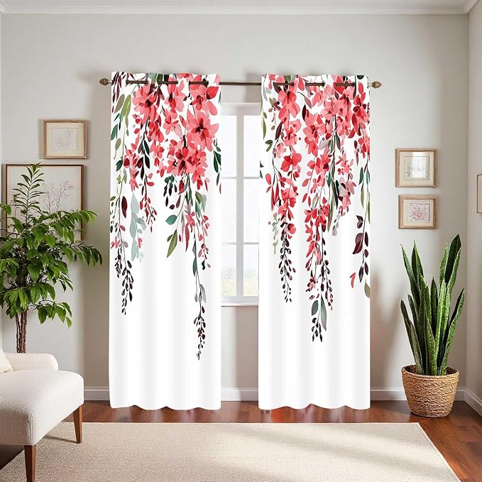 Red Watercolor Floral Curtains, Botanical Leaves Vine Flowers Curtain, Rustic Farmhouse Flower Leaf Blackout Window Treatment Drapes for Bedroom Living Room 52x96 inch, 2 Panels