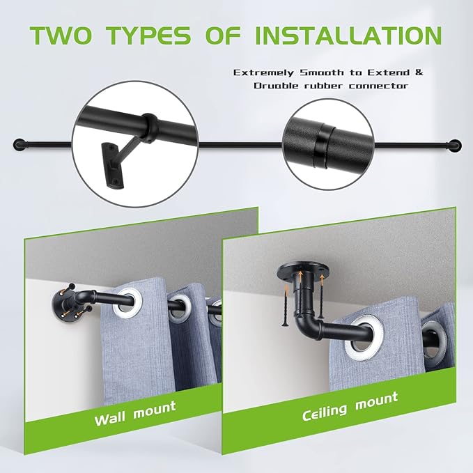 Curtain Rods for Windows 120 to 240, 1 Inch Industrial Wrap Around Black Curtain Rod, Indoor/Outdoor Room Divider Adjustable Drapery Pole, 120"-240"