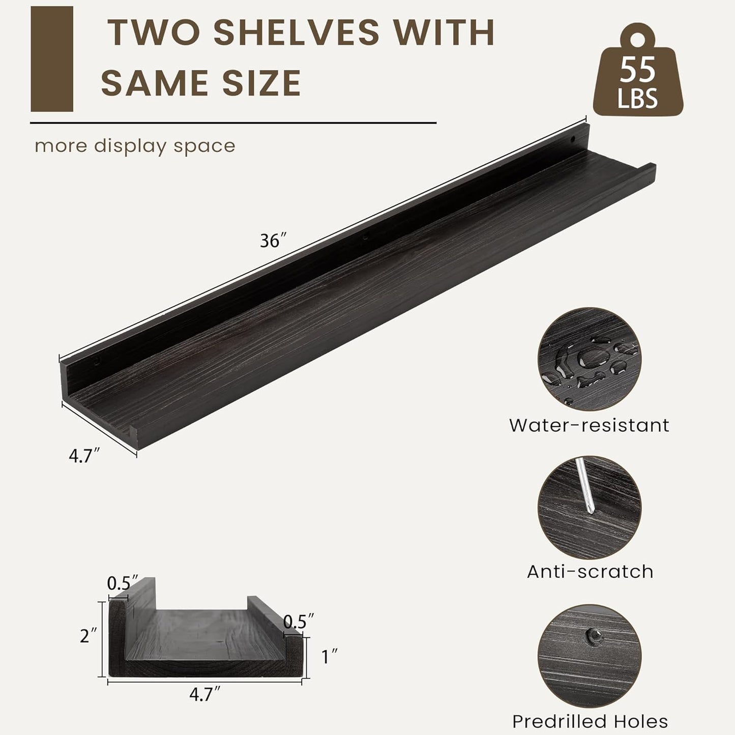 Floating Shelves for Wall, Picture Ledge Shelf 36 Inch Solid Wood Set of 2, Rustic Wall Shelves with Lip, Kids Bookshelf, Photo & Picture Live Edge Floating Shelves for Bedroom, Living Room, Kitchen