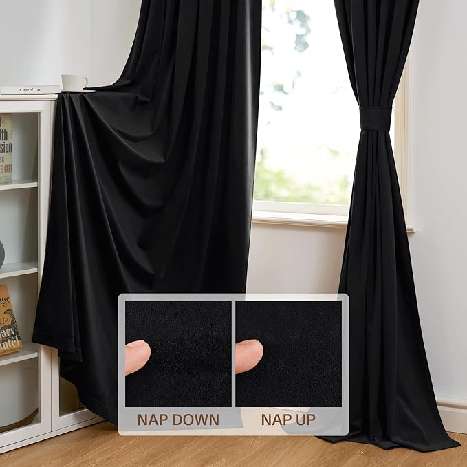 StangH Black Velvet Blackout Thermal Insulated Curtains 96 inches, 2 Panels | 300GSM Heavy Soft Velvet, Noise Reducing, Energy Smart Repel Summer Hot & Winter Cold, Privacy, Halloween Decor, Living Room