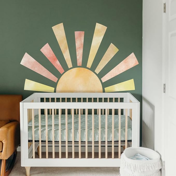 Large Fabric Watercolor Boho Half Sun Wall Decal Peel and Stick, Pastel Sunrise Backdrop Murals Stickers, Sunshine Wall Art Decor for Kids Room Playroom Nursery Bedroom, 48.03" x 28.74"