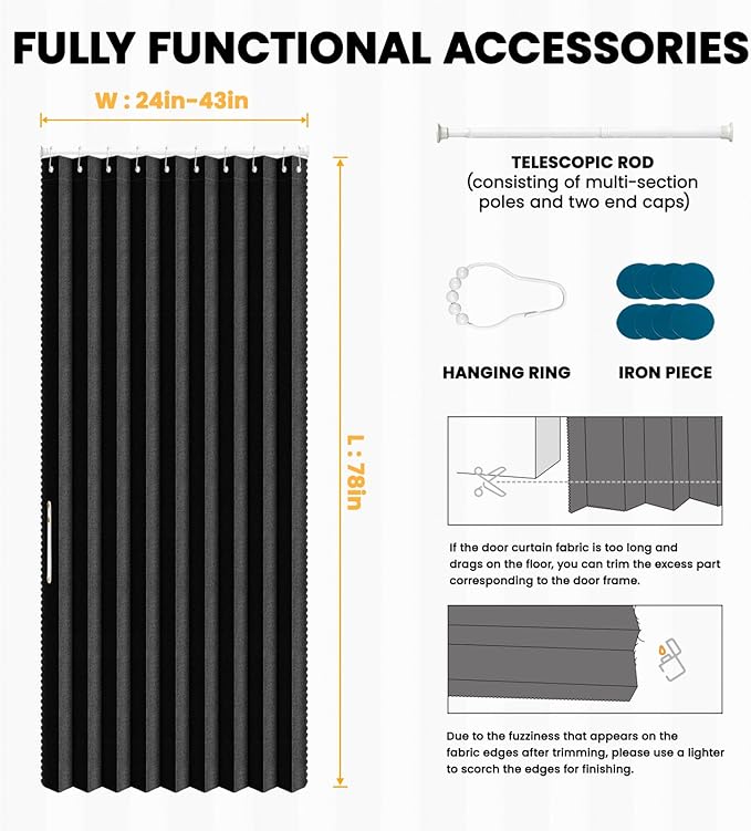 AJAZZ Set: Curtain Rods No Drilling (28-39" W Adjustable Range) & Accordion Door Curtain, Black 42W×78" L, Accordion Doors for Closet Doorway Room Divider