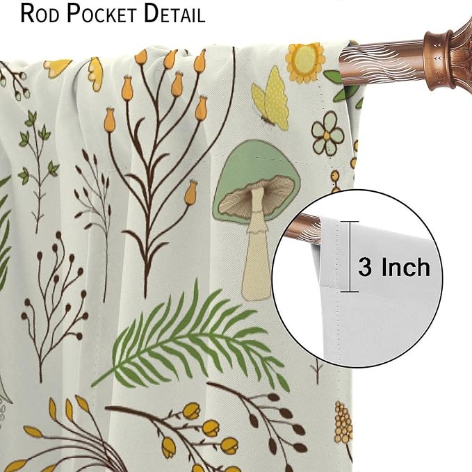 Wild Mushroom Curtains, Vintage Botanical Rustic Retro Wildflower Herbs Plants Green Mushroom Blackout Window Treatments for Living Room Kitchen Bedroom 55x63in