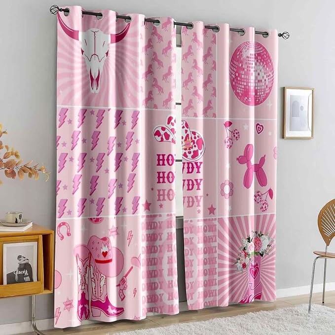 LUVIVIHOME Cowgirl Blackout Curtains, Cute Preppy Coquette Curtains for Girls Bedroom Living Room, Floral Howdy Girly Pink Western Cowgirl Room Decor, Grommet Window Drapes 2 Panel Sets, 42x63 Inch