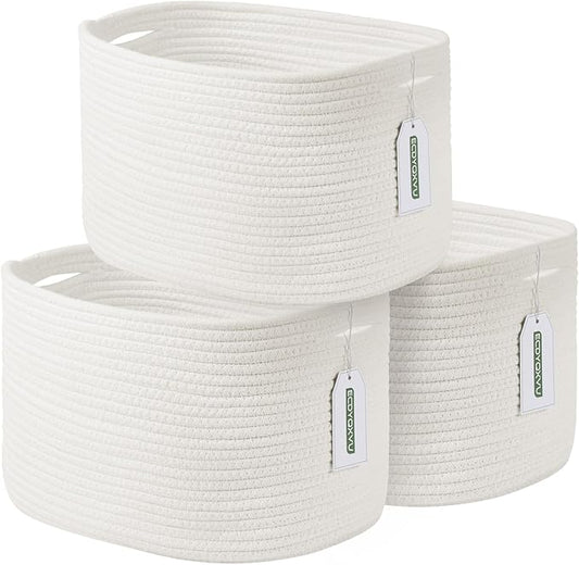 ECDYQXVU Cotton Rope Storage Basket, 15x10x9 Inches, Woven Basket for Shelves, Clothes, Towels, Books, and Laundry, White (3 Pack)